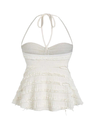 Stilvolles, vom Y2K-Stil inspiriertes, einfarbiges Babydoll-Top mit Neckholder-Ausschnitt und schmeichelhafter Raffung vorne.
