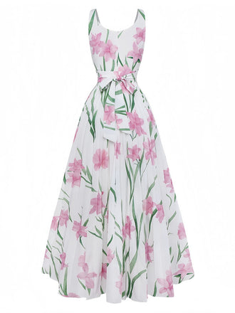 Weiß 1930er U-Ausschnitt Blumen Ärmellos Maxi Kleid