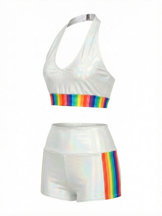 [Vorverkauf] Weiß 1960er Regenbogen Patchwork Bikini Set