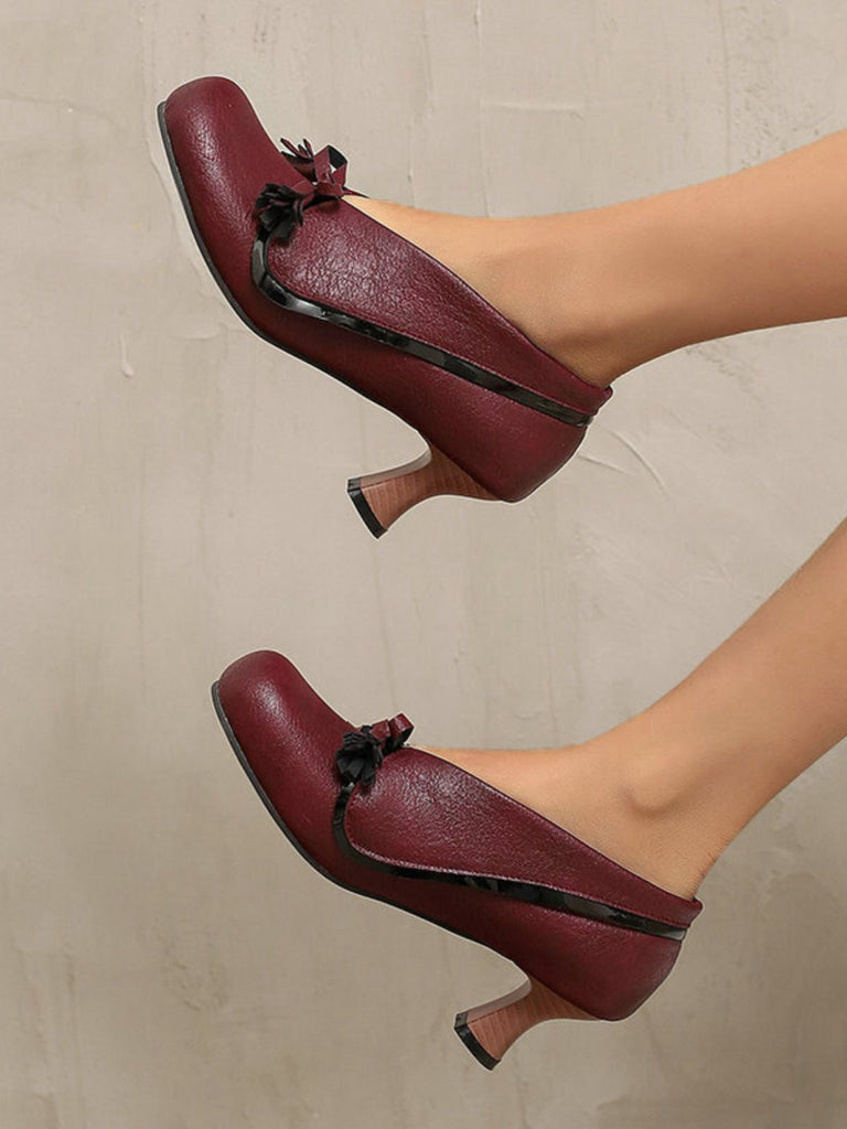 Retro Bogen PU Rundspitze Blockabsatz Schuhe