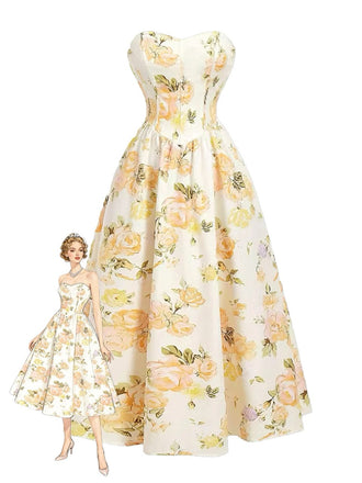 Gelbes 30er Trägerloses Maxikleid mit Blumen