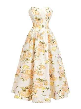 Gelbes 30er Trägerloses Maxikleid mit Blumen