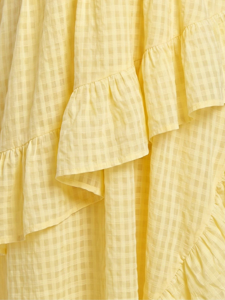 Gelbes 30er Midikleid mit Spaghettiträger und Rüschen