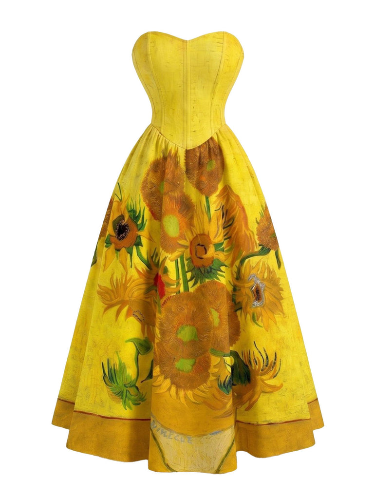 Gelbes 50er Trägerloses Swingkleid mit Sonnenblumen und Print