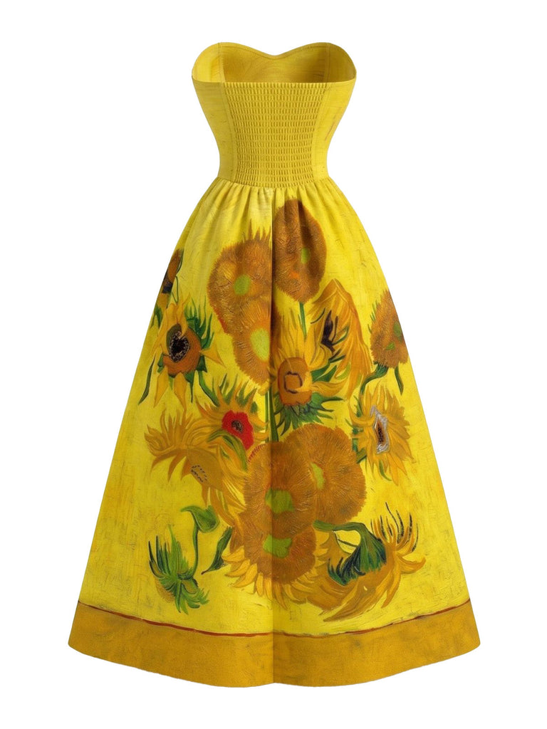 Gelbes 50er Trägerloses Swingkleid mit Sonnenblumen und Print