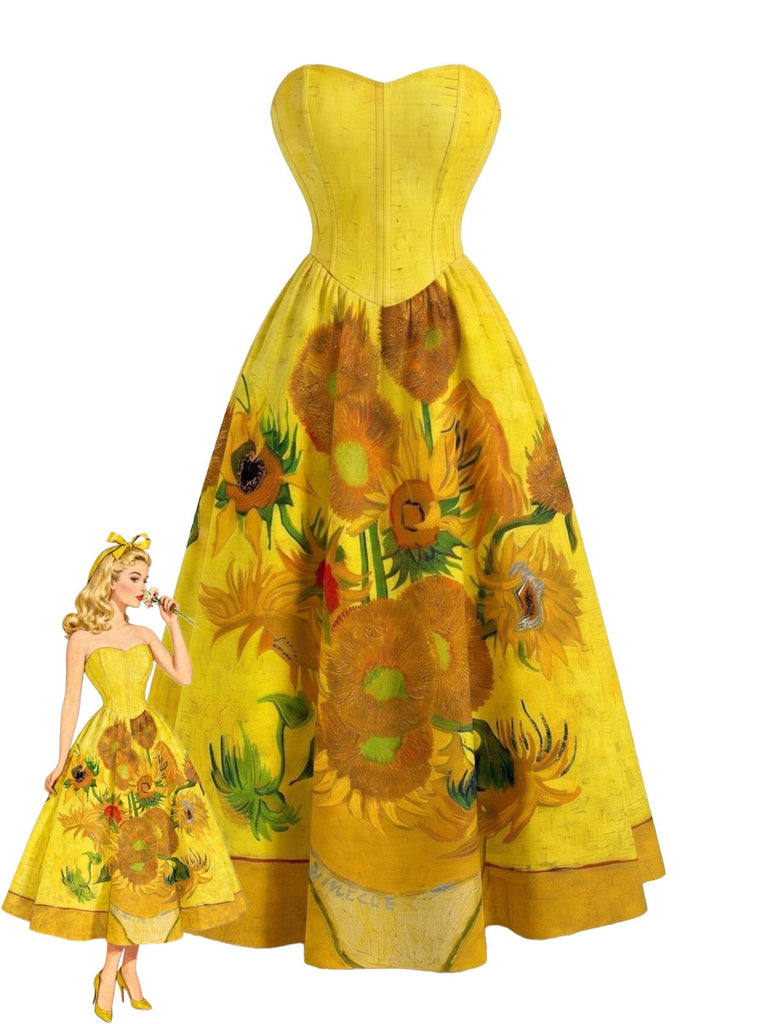 Gelbes 50er Trägerloses Swingkleid mit Sonnenblumen und Print