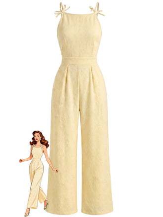 Gelber 50er Jacquard-Jumpsuit mit Blumen und Bindeband