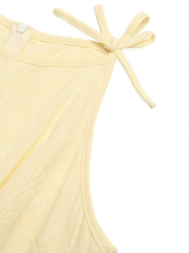 Gelber 50er Jacquard-Jumpsuit mit Blumen und Bindeband