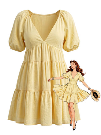 Gelbes 50er Kleid mit Puffärmel und V-Ausschnitt