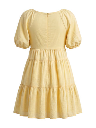 Gelbes 50er Kleid mit Puffärmel und V-Ausschnitt