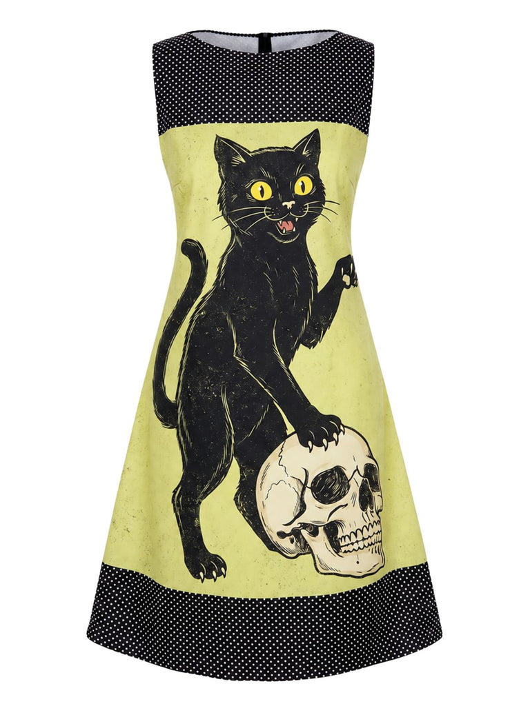 Oranges 60er A-Linien-Kleid mit Katzen- und Kürbis-Print