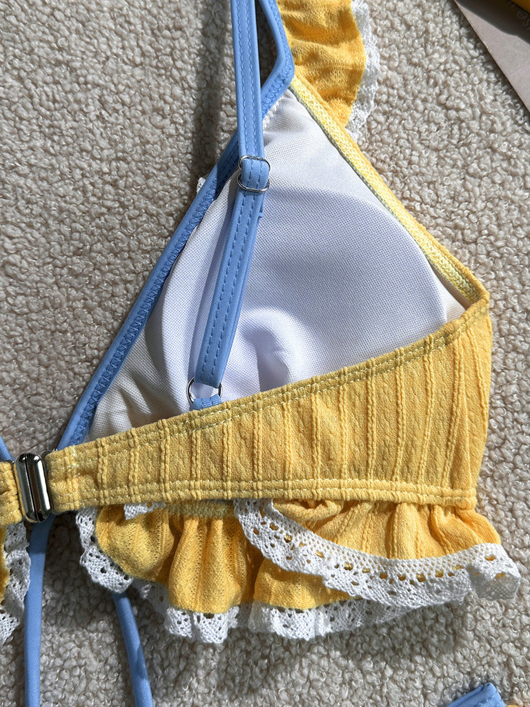 Gelbes 60er Bikini-Set mit Farbblock und Patchwork