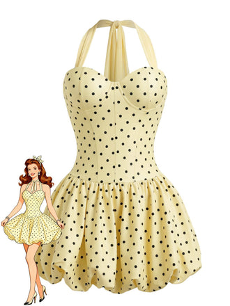 Gelbes 60er Kleid mit Polka-Dots und Neckholder