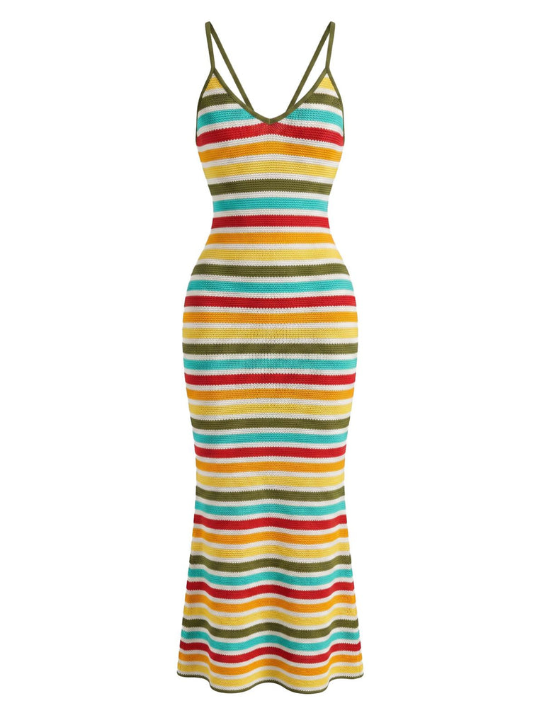 Mehrfarbiges 70er Boho Strick-Bodycon-Kleid mit rückenfrei