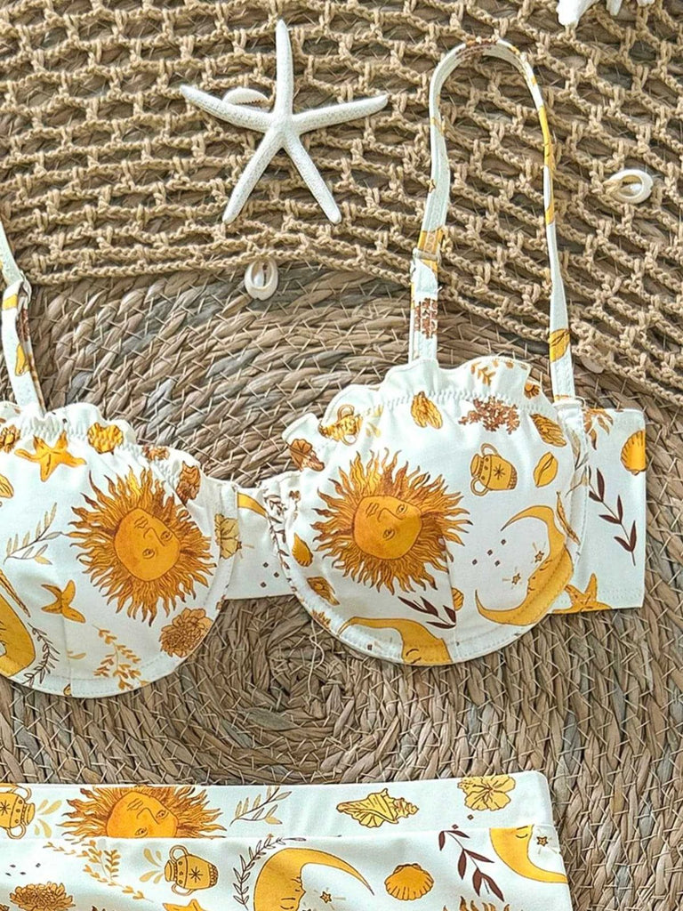 Gelbes 70er Bikini-Set mit Print und Himmlisch