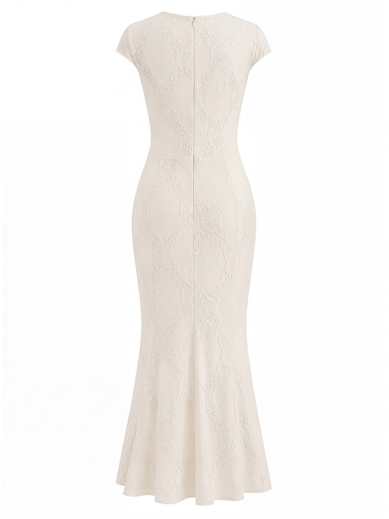 Cremefarbenes 30er Meerjungfrauenkleid mit Kappärmel und Spitze