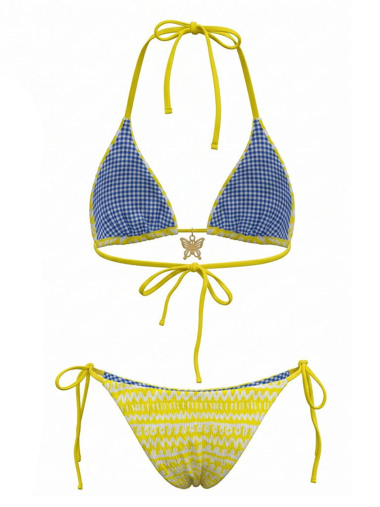 Gelb 80er Bikini-Set & Shorts mit Farbblock und Wendbar