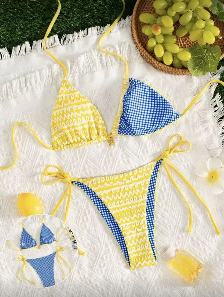 Gelb 80er Bikini-Set & Shorts mit Farbblock und Wendbar