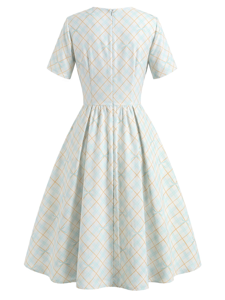 Gelbes & Blaues 50er Kleid mit Peter-Pan-Kragen und Schleife