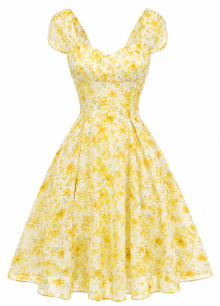 Gelbes 50er Swingkleid mit Herzausschnitt und Puffärmel