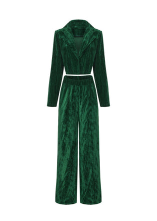 2PCS Grün 1980er Solide Plissiertes Flanell Blazer & Weites Bein Hose