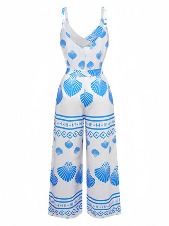 Blau 1930er Spaghetti Träger Muscheldruck Gürtel Jumpsuit