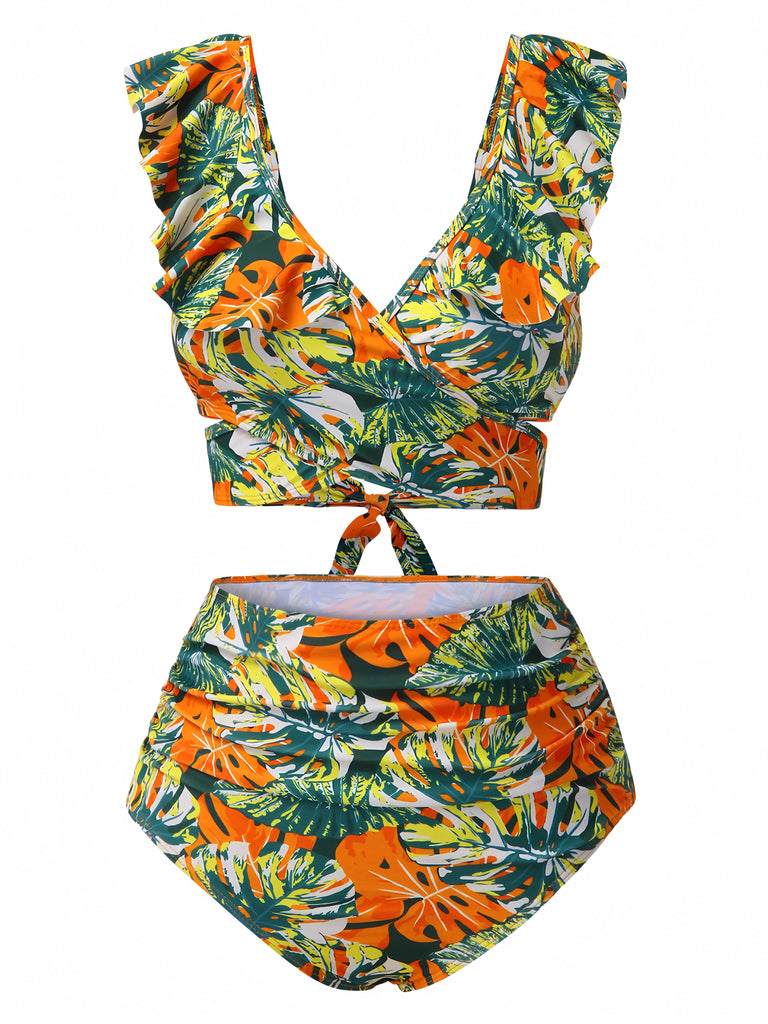 1960er Rüschen Träger Tropische Pflanzen Wickel Bikini Set