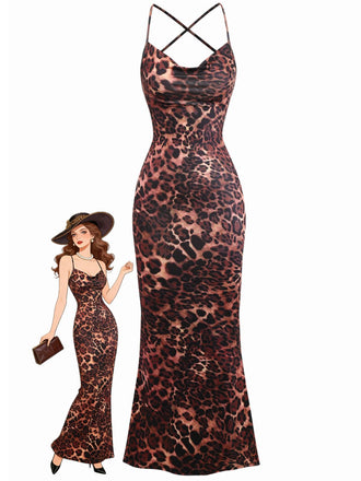 1930er Leopard Drucken Rückenfrei Spaghetti Träger Kleid