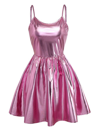 Rosa 1980er Metallisch Spaghetti Träger Party Kleid