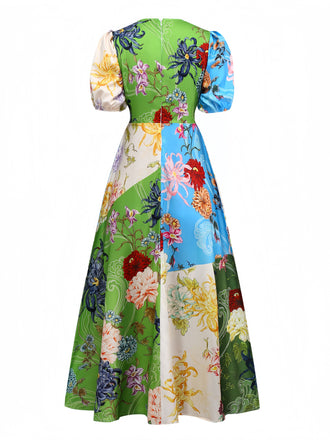 Grün 1940er Blumen Gekritzel Puffärmel Kleid