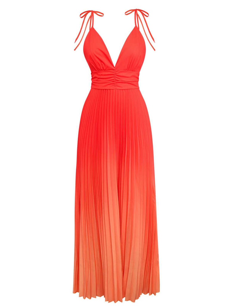 Orange 1930er Hosenträger V-Ausschnitt Gradient Plissiertes Maxi Kleid