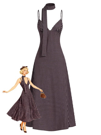 Braun 1980er V-Ausschnitt Polka Punkte Binde Spaghetti Träger Kleid