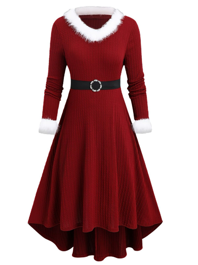 [Übergröße] Weiß 1940er Pelzkragen V-Ausschnitt Gürtel Kleid