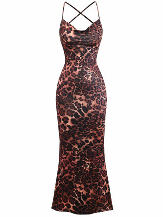 1930er Leopard Drucken Rückenfrei Spaghetti Träger Kleid