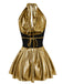 1970er Metallic V-Ausschnitt Plissiertes Mini Dress