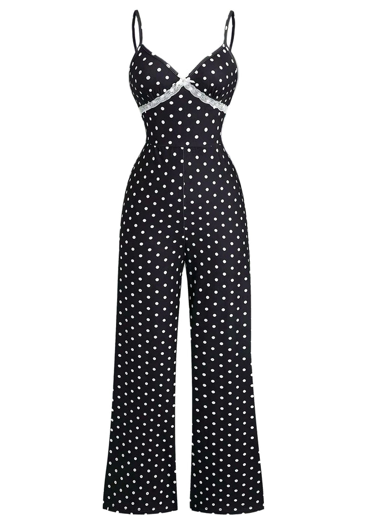 Schwarz 1940er Tupfen Spitze Trim Träger Jumpsuit