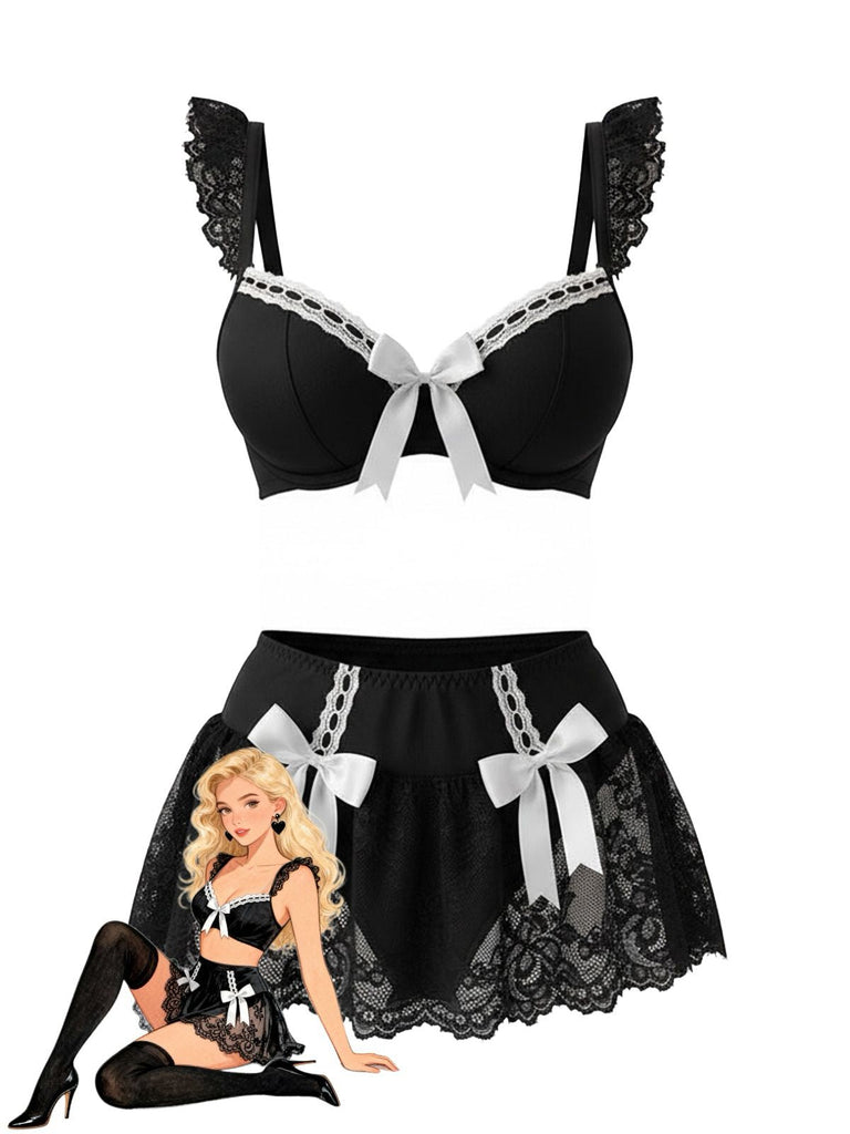 1980er Spitze Bogen Maid Kostüm Loungewear Set