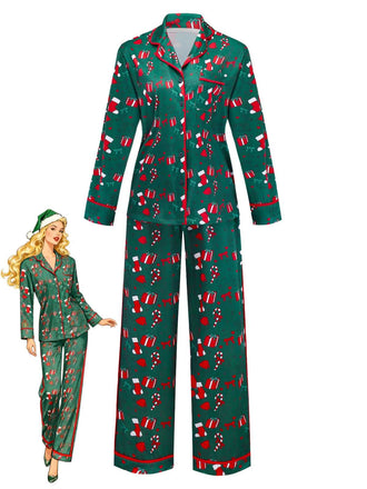 Grün 1940er Weihnachten Muster Pyjama Set