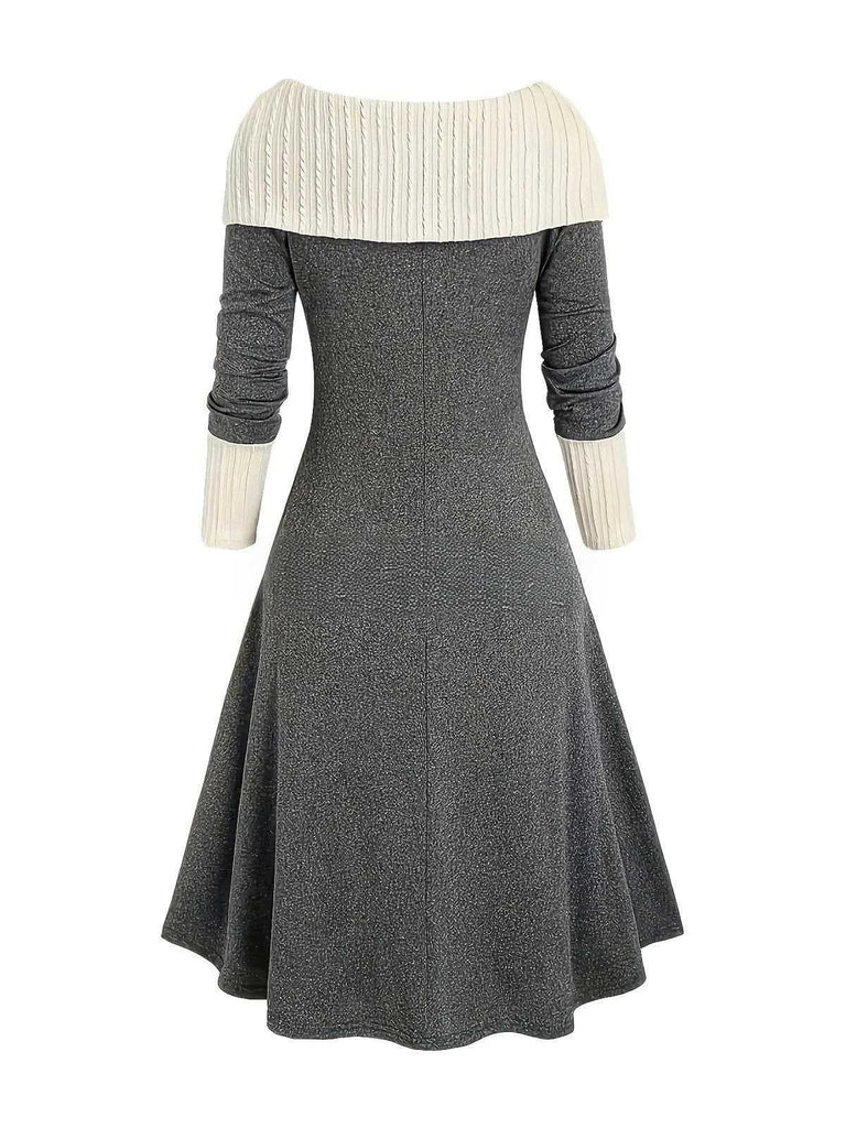 1940er Schnürung Farbblock Schulterfrei Kleid
