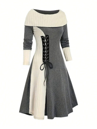 Graues 1940er Schnürung Farbblock Schulterfrei Kleid