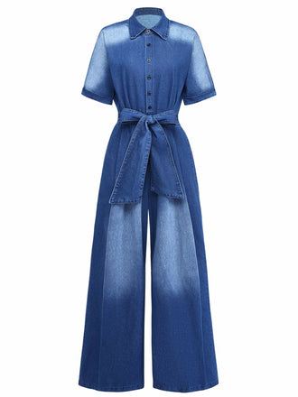 Denim 1970er Revers Knöpfe Gürtel Taille Jumpsuit