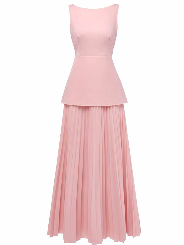 2PCS 1930er Ärmellos Bootskragen Gestrickt Top & Plissiertes Maxi Rock