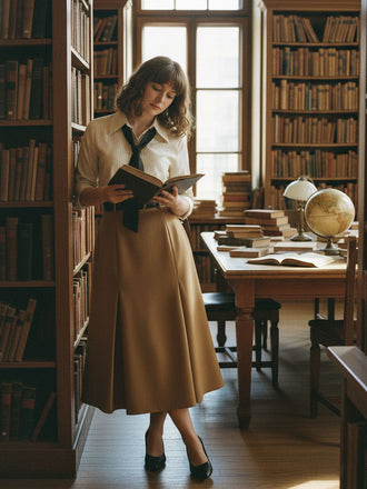 Evelyn Carnahan Outfit Khaki 1930er Streifen Revers Abnehmbare Krawatte Kleid