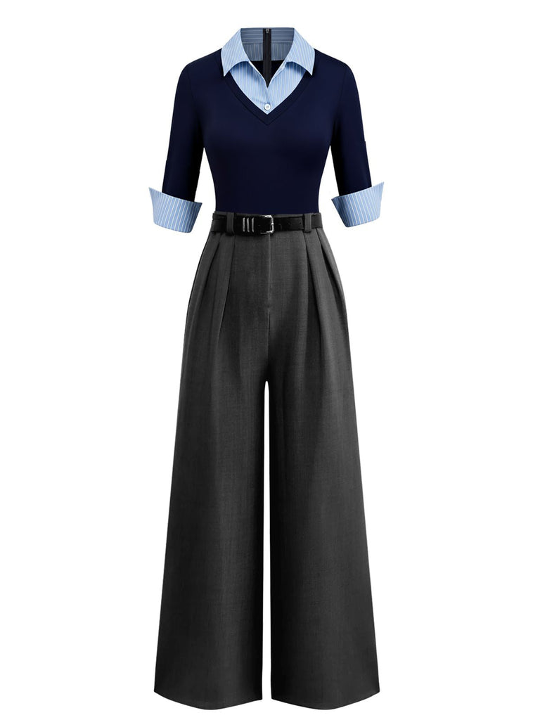 [Vorverkauf] Blau & Grau 1940er Stricken Farbblock 3/4 Ärmel Shirt Jumpsuit