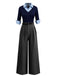 [Vorverkauf] Blau & Grau 1940er Stricken Farbblock 3/4 Ärmel Shirt Jumpsuit