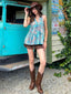 70er Boho Paisley-Minikleid mit Neckholder und tiefem V-Ausschnitt