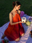 Orange 1960er Farbverlauf Halter Gestuft Chiffon Mini Kleid