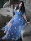 Blau 1970er Slip Blumen Besticktes Netz Schlitz Kleid