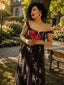 Schwarz 1930er Blumen Netz Stäbchen Schnürung Kleid