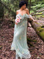 Grün 1970er Slip Blumen Besticktes Netz Schlitz Kleid